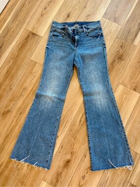 Express Medium Blue 70’s Flare Jeans with Raw Hem